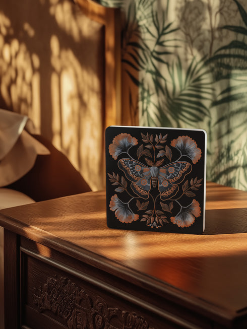 Square black ceramic coaster with detailed copper and blue moth illustration centered among symmetrical botanical elements including ginkgo-like leaves and delicate foliage.